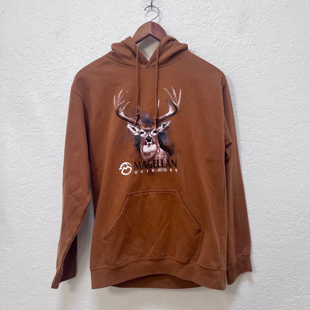 Magellan Outdoors Whitetail Deer Graphic Hoodie Rust Brown Fleece Pullover S